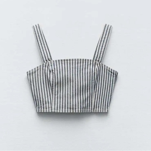 NWT Zara Denim Striped Sleeveless Cropped Top Blue/Cream - Picture 1 of 7